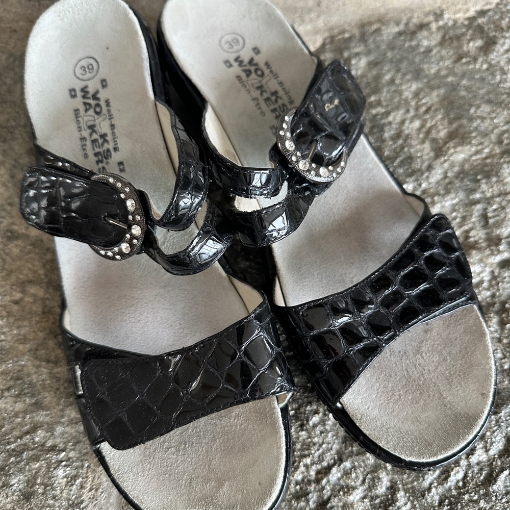 Volks Walkers Black Croc-Embossed Sandals with Rhinestone Buckle